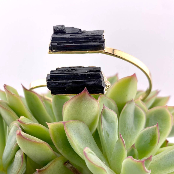 Natural Black Tourmaline Open Double Stone 18k Gold Plated Cuff Bracelet - Picture 6 of 8